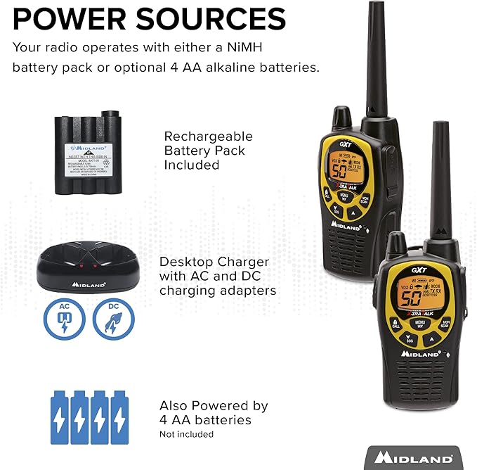 Midland 50 Channel GMRS Two-Way Radio - Long Range Walkie Talkie with 142 Privacy Codes, SOS Siren, and NOAA Weather Alerts and Weather Scan (Black/Yellow, Pair Pack)