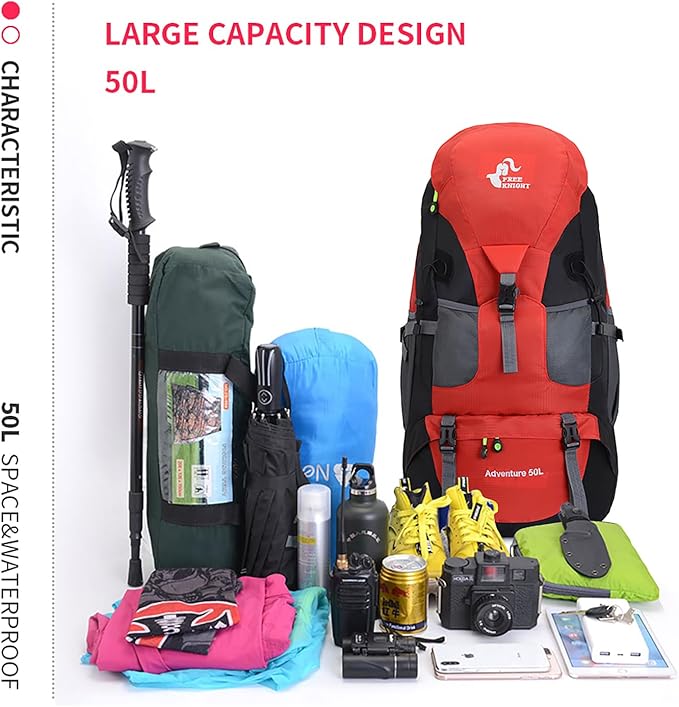 Bseash 50L Hiking Backpack, Water Resistant Lightweight Outdoor Sport Daypack Travel Bag for Camping Climbing Touring (Red - No Shoe Compartment)