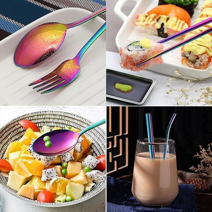 Travel Utensils with Case, Portable Travel Utensils Cutlery Set Stainless Steel Flatware Set for Camping 8pcs Including Dinner Knife Fork Spoon Chopsticks Boba Straw (Rainbow)
