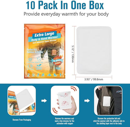 Hand Warmers, Extra Large Hot Hands & Body Warmers with Adhesives 10 Packs - Portable Pocket Warmers Disposable Hot Pads Camping Hand Warmer for Winter Outdoor Skiing Hiking