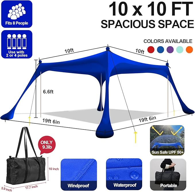 Buheco Beach Tent Pop Up Shade 10x10ft Beach Canopy Sun Shelter UPF50+ with 4 Foldable Poles-Portable Carrying Bag-Sand Shovel-Ground Pegs-Windproof Ropes for Outdoor Family Camping-Fishing- Picnic