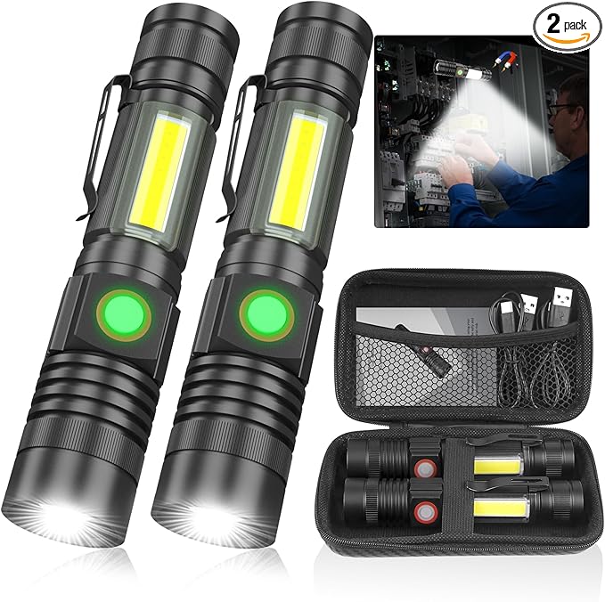 Rechargeable Flashlight with Packing Box, USB Magnetic Flashlights with COB Flash Light - 4 Models, Waterproof, LED Tactical Flashlight High Lumen Bright for Indoor Outdoor Camping 2 Pack
