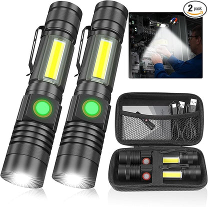 Rechargeable Flashlight with Packing Box, USB Magnetic Flashlights with COB Flash Light - 4 Models, Waterproof, LED Tactical Flashlight High Lumen Bright for Indoor Outdoor Camping 2 Pack