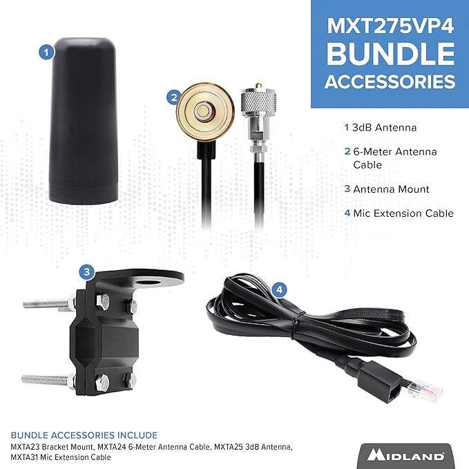 Midland – MXT275VP4-15 Watt GMRS MicroMobile® Two-Way Radio - ATVs UTVs and other off-road vehicles - Overlanding Gear - Extended 3dB gain Roll Bar Mount Antenna Microphone Extension Cable