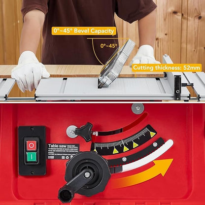 10inch Table Saw, Portable Benchtop Table Saw, Stand & Push Stick, 5000RPM, Adjustable Blade Height, With Port for Connecting Dust Collector, 90°Cross Cut & 0-45°Bevel Cut