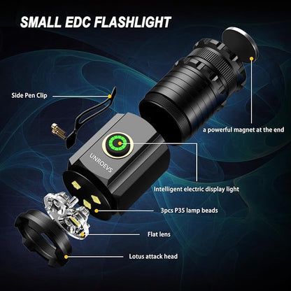 Mini Flashlight 2550 Lumens Rechargeable USB C Charging, Small Flashlights High Lumens 5 Modes, Pocket Flashlight with Clip, Magnetic Flashlight for EDC,Camping, Hiking,Emergency
