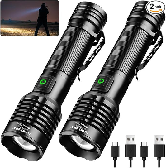 NAKCNM LED Flashlights High Lumens, Rechargeable Pocket Flashlight with Clip 5 Modes Super Bright 20000 Lumen, Waterproof Small Flashlights Powerful Flash Light for Home Outdoor Emergencies(2 Pack)