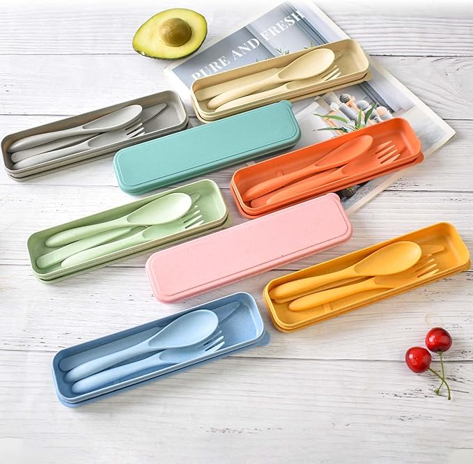 Camping Utensil Set, Reusable Utensils Set with Case, Plastic Cutlery Set Forks Spoon Tableware Chopsticks, Portable Cutlery Set for Travel Picnic Camping or Daily Use (Dark Color-8)