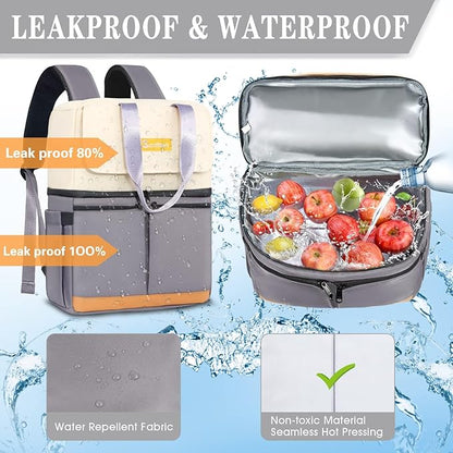 Backpack Cooler with Double Decker & 12 Ice Packs- Keeps 36 Cans Cold for Up to 24 Hours- Waterproof & Leak Proof Insulated Cooler Backpack- Stylish Cooler Bookbag for Women Travel Work Beach