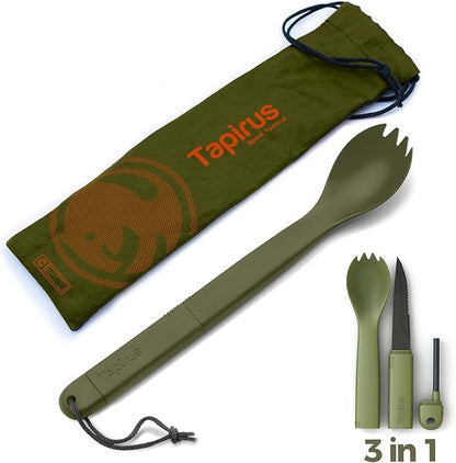 Tapirus Spork Tactical Green | BPA Free Spoon Fork, Stainless Steel Knife and Fire Starter | 3 in 1 multipurpose utensil | Outdoor hiking, camping & backpacking gear | Fit for MRE