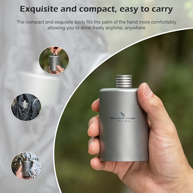Boundless Voyage Titanium Hip Flask Pocket Flagon Camping Portable Alcohol Bottle Drink Sports Water Bottle 200ml/6.7oz-Ti3068D