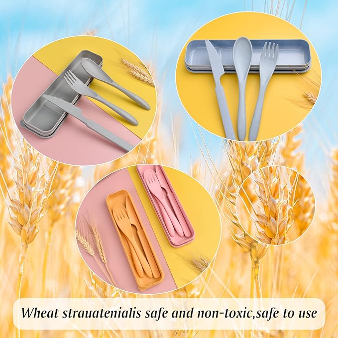 Travel Utensil Set with Case, 4 Sets Wheat Straw Silverware Reusable Knife Spoons and Forks Cutlery Set, Portable Utensil Sets for Travel Picnic Camping or Daily Use