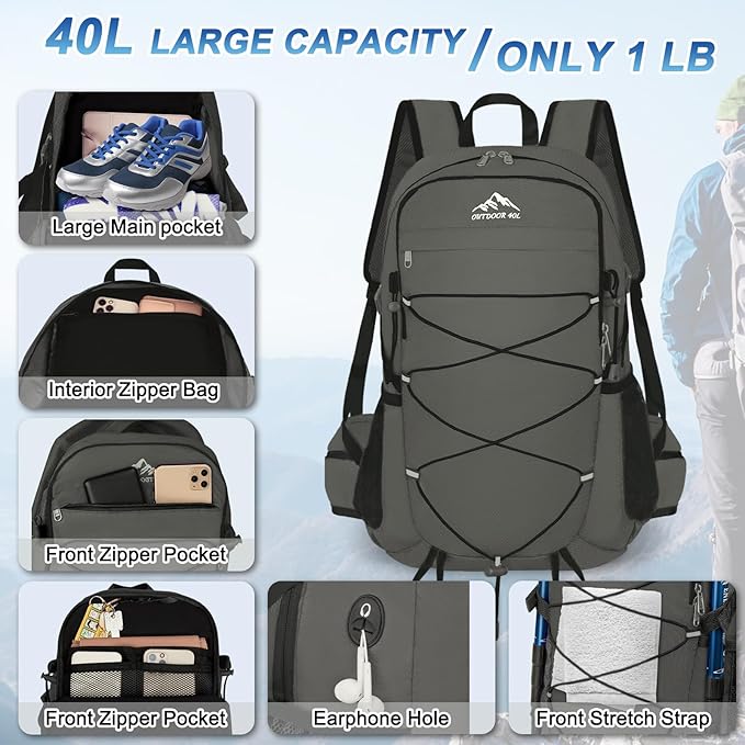 BKNOOU 40L Lightweight Hiking Backpack Packable Camping Backpack Waterproof Hiking Daypack Men Women Foldable Travel Daypack
