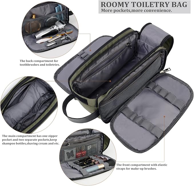 Mens Toiletry Bag Travel Leather Toiletry Organizer Dopp Kit for Men Water-resistant Shaving Bag for Bathroom (Green)