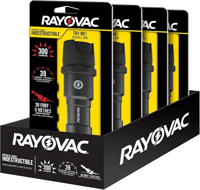 Rayovac - DIY3AAA-BE Virtually Indestructible LED Flashlight, 300 Lumen Waterproof Tactical Flashlight - Super Bright High Mode LED Flashlights for Camping, Hiking, Dog walking Black