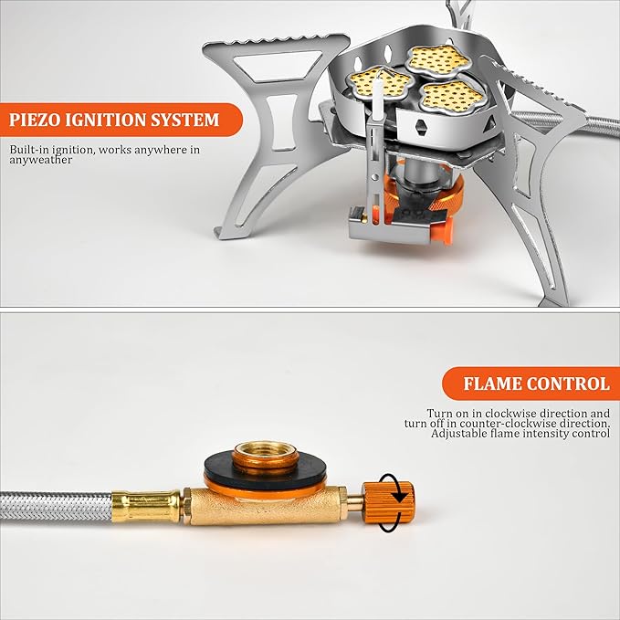 6800W Camping Backpacking Stove, Outdoor Portable Burner Cooking Stove with Fuel Canister Adapter, Piezo Ignition, Carry Case, Foldable Windproof Camping Gas Stove for Picnic Hiking