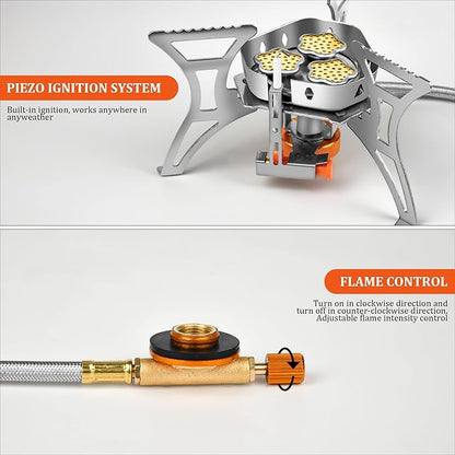 6800W Camping Backpacking Stove, Outdoor Portable Burner Cooking Stove with Fuel Canister Adapter, Piezo Ignition, Carry Case, Foldable Windproof Camping Gas Stove for Picnic Hiking