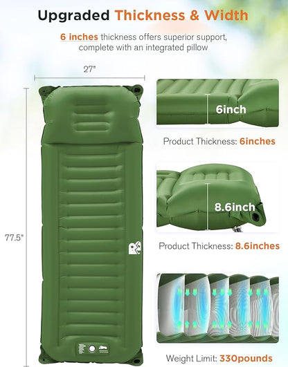 Sleeping Pad for Camping 6 Inches Thick Self Inflatable Ultra Lightweight Sleep Mat with Built-in Pillow ＆ Pump Compact for Backpacking Hiking Tent Travel w/Carrying Bag 77.5''LX27''W, Green
