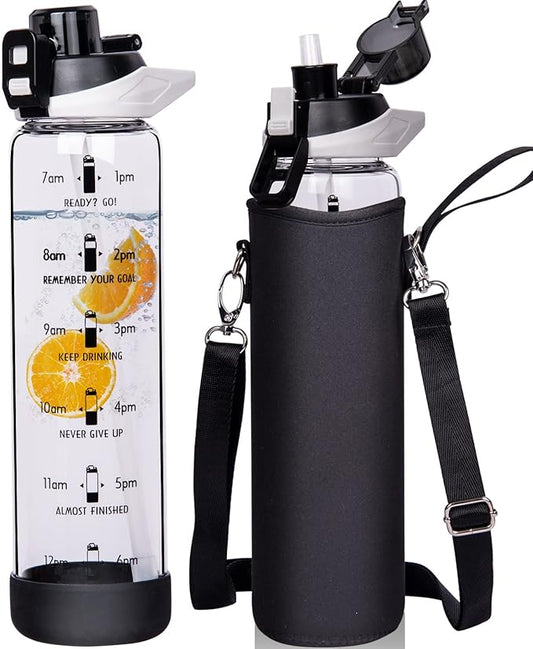 32 oz Sports Glass Water Bottle with Straw and Time Marker, Large Resuable Motivational Glass Drinking Bottle for Infused Water, Fruit, Smoothie, Coffee