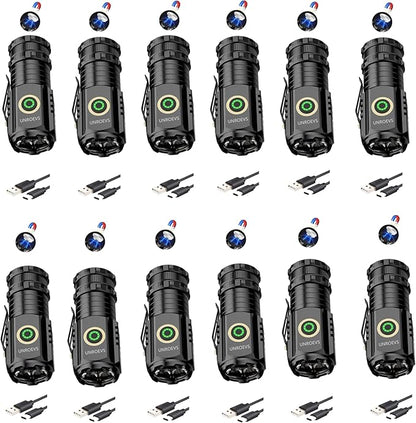 Mini Flashlight 2550 Lumens Rechargeable USB C Charging, Small Flashlights High Lumens 5 Modes, Pocket Flashlight with Clip, Magnetic Flashlight for EDC,Camping, Hiking,Emergency (12 Pack)
