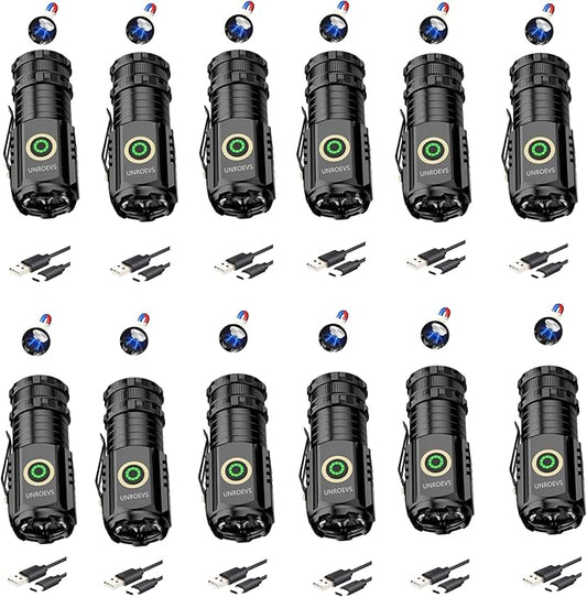 Mini Flashlight 2550 Lumens Rechargeable USB C Charging, Small Flashlights High Lumens 5 Modes, Pocket Flashlight with Clip, Magnetic Flashlight for EDC,Camping, Hiking,Emergency (12 Pack)