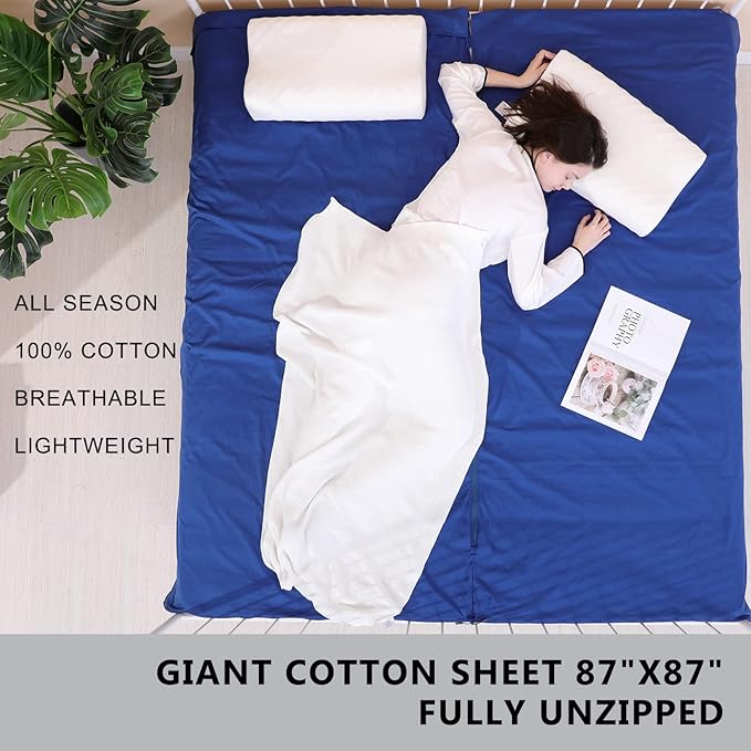 100% Cotton Sleeping Bag Liner with Full Length Zipper on 3 Sides; Single/Double Adult Sleep Sack for Travel & Camping, Multifunctional Travel Sheets (Unzipped 87”x87”) for Hotel, Lightweight