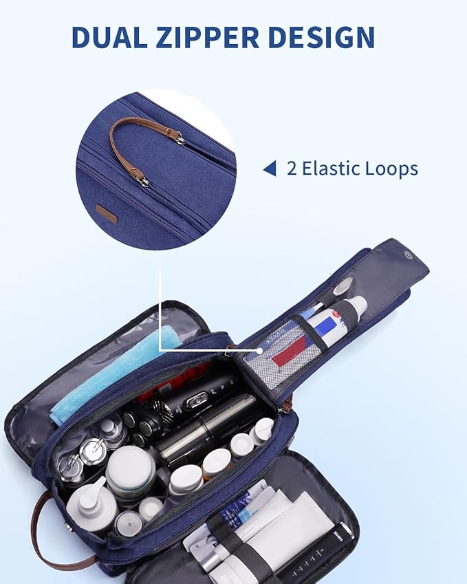 WANDF Toiletry Bag for Men Travel Toiletry Organizer Canvas and Leather Dopp Kit Water-Resistant Shaving Bag for Travel Accessories (Blue, Patent Pending)