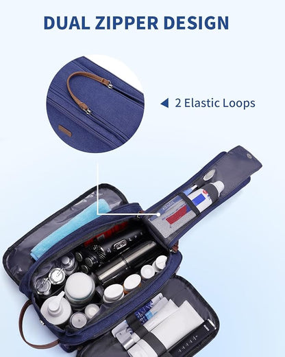 WANDF Toiletry Bag for Men Travel Toiletry Organizer Canvas and Leather Dopp Kit Water-Resistant Shaving Bag for Travel Accessories (Blue, Patent Pending)