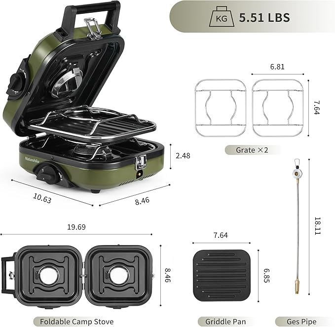 Naturehike Mirage 2 Burner Folding Camping Stove with Griddle, Portable Camp Gas Stove with 16000 BTU, 2 Adjustable Burners & Piezo Ignition, Compatible with Blend Isobutane Fuel