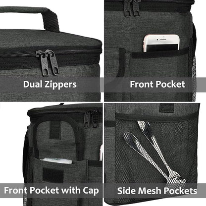 Tirrinia Large Insulated Lunch Bag for Women Men, 10L Leakproof Thermal Reusable Lunch Box for Adult, Tall Meal Prep Lunch Cooler Tote with 4 Pockets for Office Work, Charcoal