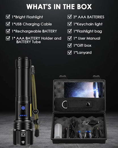 Flashlights High Lumens Rechargeable, 990000 Lumens Bright Flash Light, Powerful LED Flashlights, 15h Runtime, IPX7 Waterproof Flashlights for Home, Camping, 7 Modes