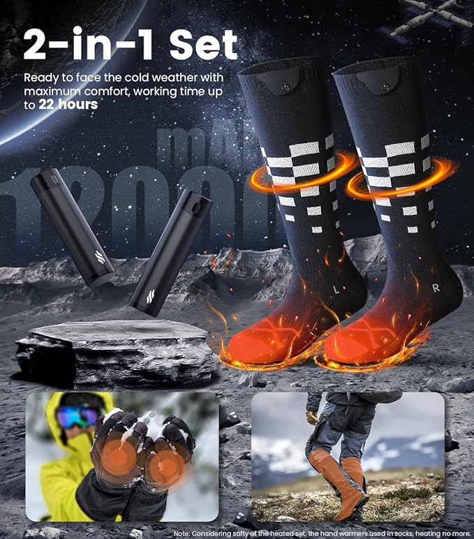 Heated Set Rechargeable - Heated Socks and Hand Warmers for Men - 2 Packs 6000mAh Electric Foot Warmers - Gifts for Camping, Hunting, Fishing and Outdoor Activities - Christmas Stocking Stuffers