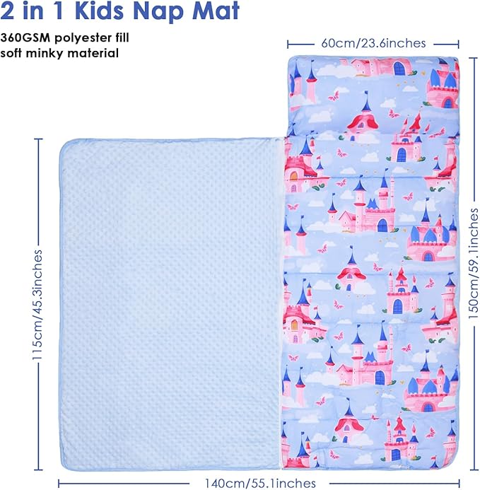 Kids Sleeping Bag Nap Mat with Removable Pillow and Blanket,Extra Thick Large 2 in 1 Slumber Bags for Boys Girls,Toddler Nap Mat for Preschool Daycare Travel Camping