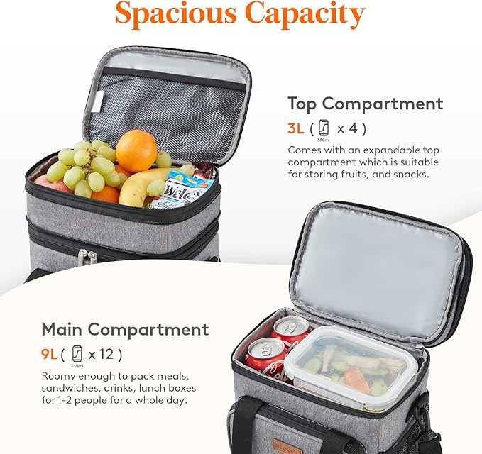 Lifewit Lunch Box for Men Women Double Deck Lunch Bag, Large Insulated Soft Cooler Bag, Leakproof Soft Meal Prep Lunch Tote with Shoulder Strap for Adults for Work/Flight/Travel, 12L/16Can, Grey