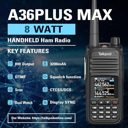 A36Plus Max Ham Radio Handheld, Airband Receiving and Scanning, Dual Band Long Range Two Way Radios with 3200mAh Rechargeable Battery, 1.44 inch Color Screen-2Pack (Black)