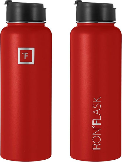IRON °FLASK Camping & Hiking Hydration Flask, Wide Mouth, 3 Straw Lids, Stainless Steel Outdoor Water Bottle, Double Walled, Insulated Thermos, Metal Canteen - Fire Red, 40 Oz