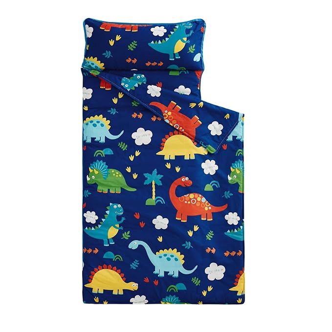 Wake In Cloud - Toddler Nap Mat with Pillow and Blanket, 100% Cotton Fabric, for Kids Boys Girls in Daycare Kindergarten Preschool, Roll Up Sleeping Bag, Dinosaur Navy, Extra Long