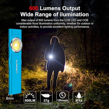 klarus E5 Pocket Flashlight, Rechargeable EDC Flashlight, Super Slim Flat 4.2x1x0.3inch, 470 Lumens, USB-C Port, IPX4, Dual Light Source with Magnetic Base, Hat & Clothes Clip - Blue