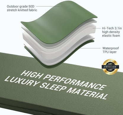 Elegear Self Inflating Sleeping Pad, 3.1" Ultra-Thick Memory Foam Camping Pad with Pillow Fast Inflating in 20s Insulated Camping Mattress Pad 4-Season Camp Sleeping Mat for Camping/Travel/Car/Tent