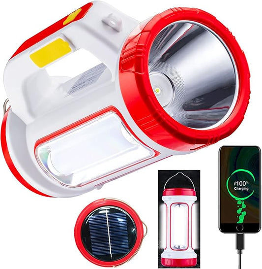 LED Spotlight,Solar USB Rechargeable Spotlight Flashlight with 6 Modes,4000mAh Power Bank，IPX4 Waterproff Lightweight Work Light for Camping Outdoor and Power Outages Emergency（Red）