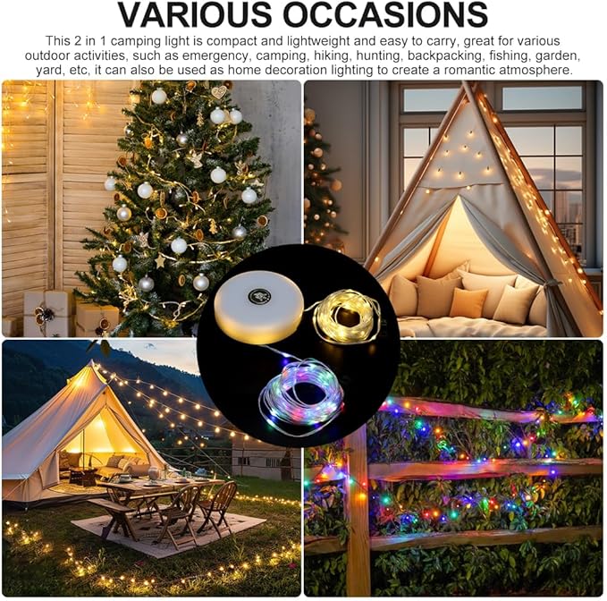 Camping String Lights, 2 in 1 Outdoor Waterproof Camping String Light with 8 Lighting Modes(32.8Ft), Quick 30s Recovery, Type-C Fast Charging Portable LED Tent Light for Camping Yard Hiking