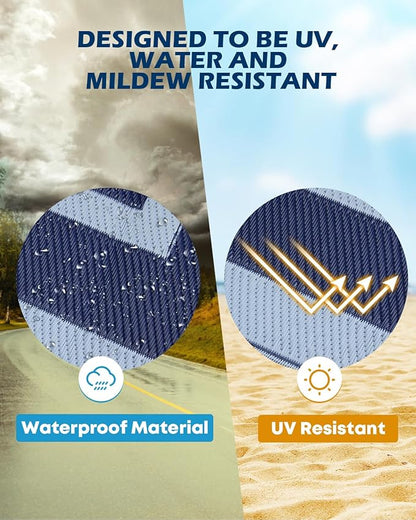 Kohree RV Outdoor Rug 9x12 Reversible, Waterproof Patio Mat with 4 Stakes & UV Fade Resistant, Non-Slip Outdoor Camping Mat for Deck, Picnic, Backyard, Includes Carry Bag (Blue)