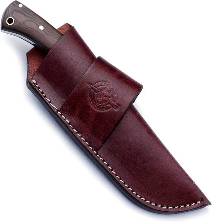 Handmade Damascus Steel Knife Bowie for Hunting, Survival,Camping,Bushcraft,Fishing,Fixed Blade with Recurve Full Tang Micarta Handle, Leather Sheath - WKD-776
