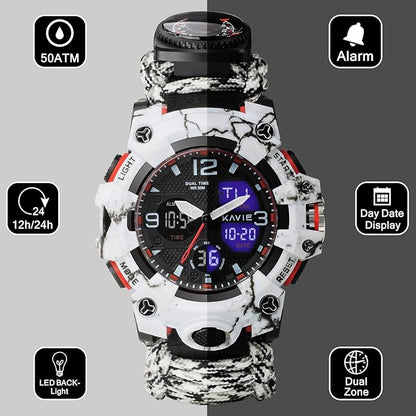 23-in-1 Survival Military Digital Watch, Mens Tactical Multi-Functional and Adjustable Wristband Outdoors Waterproof Sports Dual Dial Watches with Compass Paracord Band