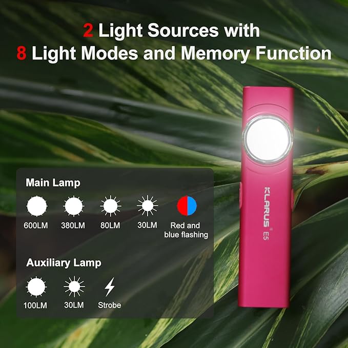 klarus E5 Pocket Flashlight, Rechargeable EDC Flashlight, Super Slim Flat 4.2x1x0.3inch, 470 Lumens, USB-C Port, IPX4, Dual Light Source with Magnetic Base, Hat & Clothes Clip - Red