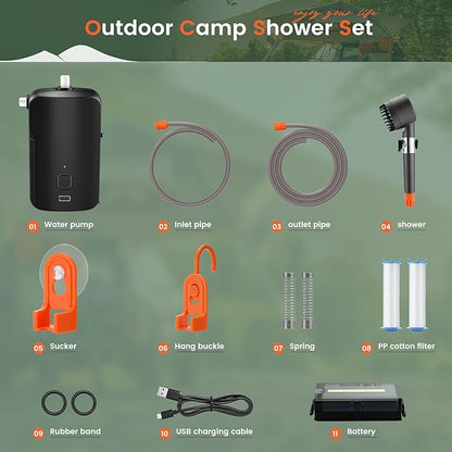 Ideashop Portable Camping Shower Set, Electric Outdoor Camp Shower Pump, Powered by Rechargeable Battery, 3 Flow Mode Head Nozzle, Portable Shower for Camping, Hiking, Traveling, Washing