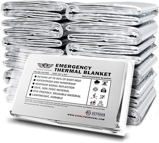 EVERLIT Survival Emergency Mylar Thermal Blanket, Foil Space Blanket Designed for NASA, Body Warmer Blanket for Outdoor, First Aid, Camping Gear, Hiking Travel (Silver, 12 Pack)