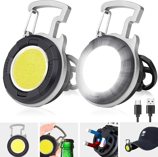 COB Small Flashlight, 1000Lumens Bright Rechargeable COB Keychain Flashlights,4 Light Modes Portable Pocket Light with Folding Bracket Bottle Opener and Magnet Base for Walking and Camping (Round)