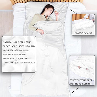 100% Silk Sleep Sack with All Around Zippers, 87”x43” Large Sleeping Sheets for Hotels, Travel & Camping, Multifunctional Travel Sheets (Unzipped:87”x87”) for Adults, Lightweight, All Season