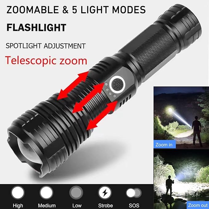 Flashlights LED High Lumens Rechargeable, 90000 Lumens Super Bright Flashlight, High Powered Flash Light, Powerful Handheld Tactical Flashlights for Emergency Camping Hiking Walking Dogs